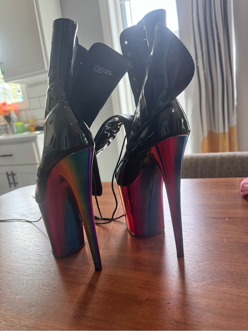Pleaser Black Patent Lace-Up Platform Heels with Rainbow Mirror Platform - Picture 6 of 6
